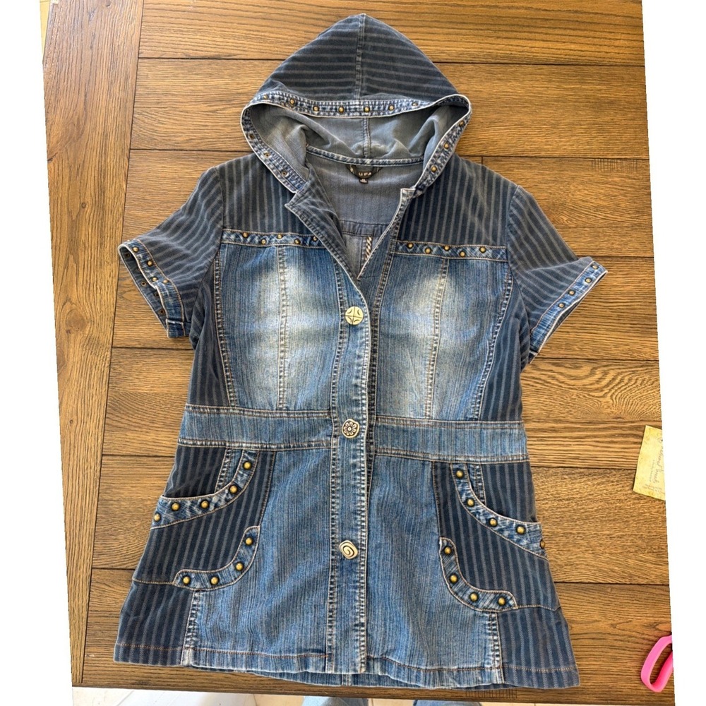 Shufa Blue Denim Striped Corduroy Studded Hooded Short Sleeve Jacket Size 42 - Picture 1 of 16